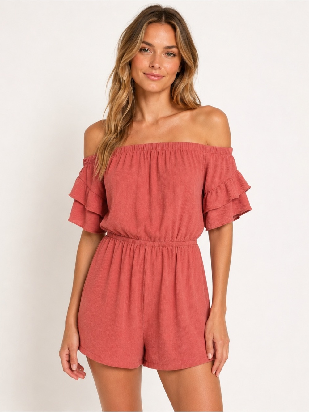 Pink Martini Ruffle Sleeve Romper XS Rust Rose Off Shoulder